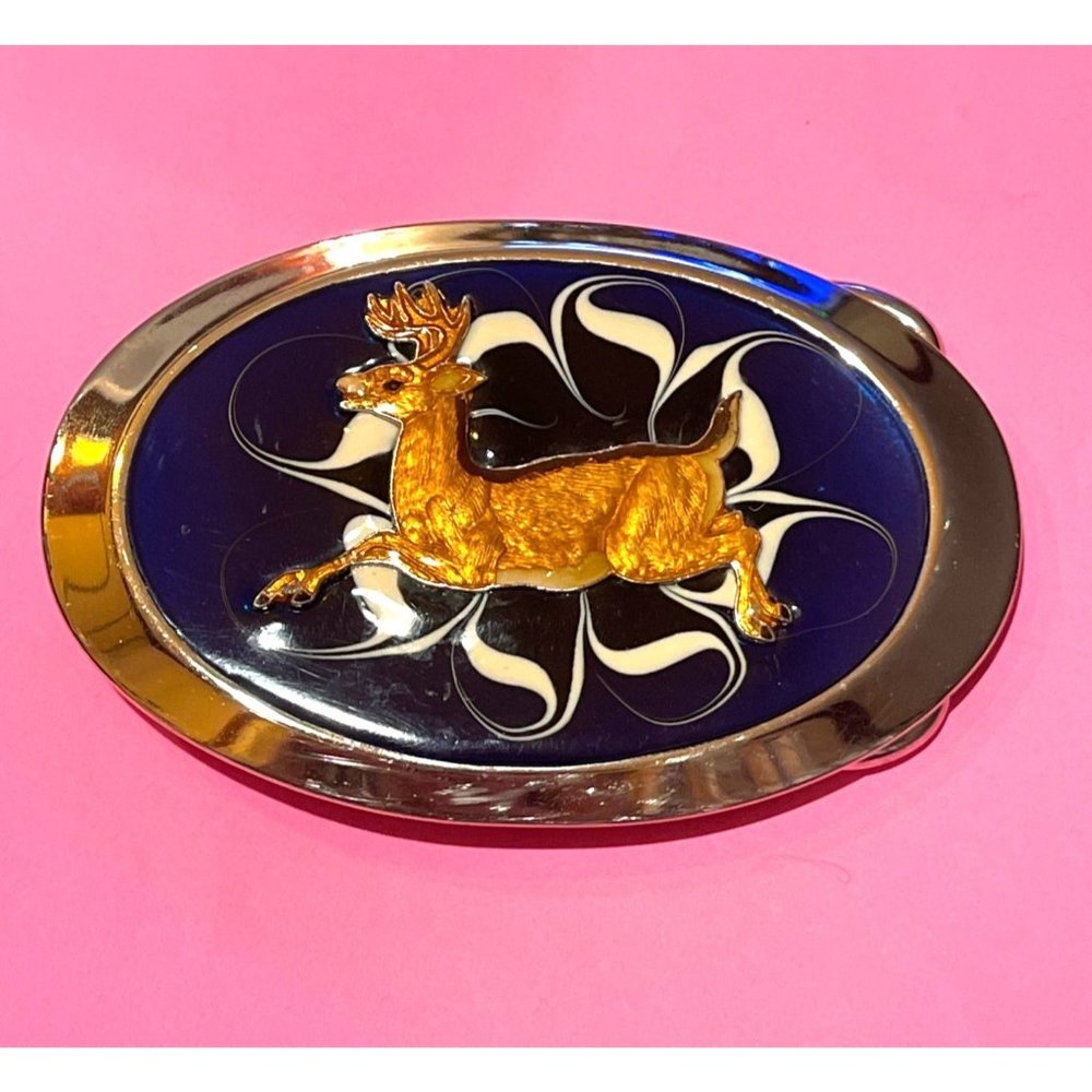 Sportsman's Silver-Tone Blue and White Enamel Belt Buckle Cloisonné Buck